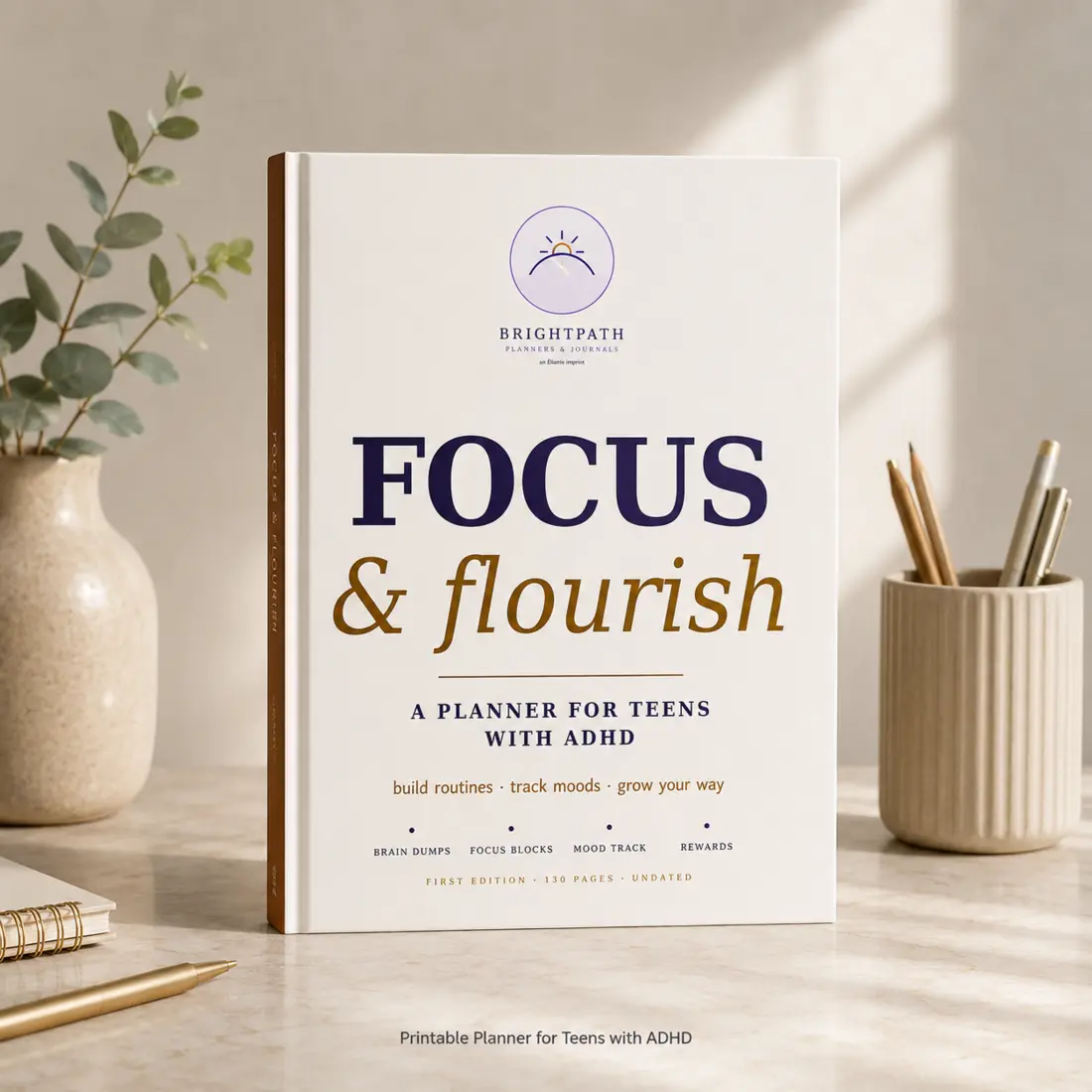 Focus and Flourish ADHD planner displayed in a calm desk setting