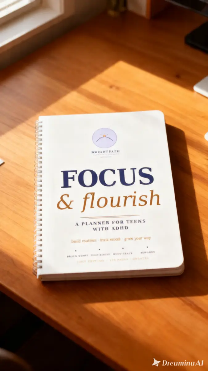 Focus and Flourish planner in a warm, calm study space